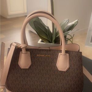 Michael Kors Brown and Pink Satchel with Signature Monogram